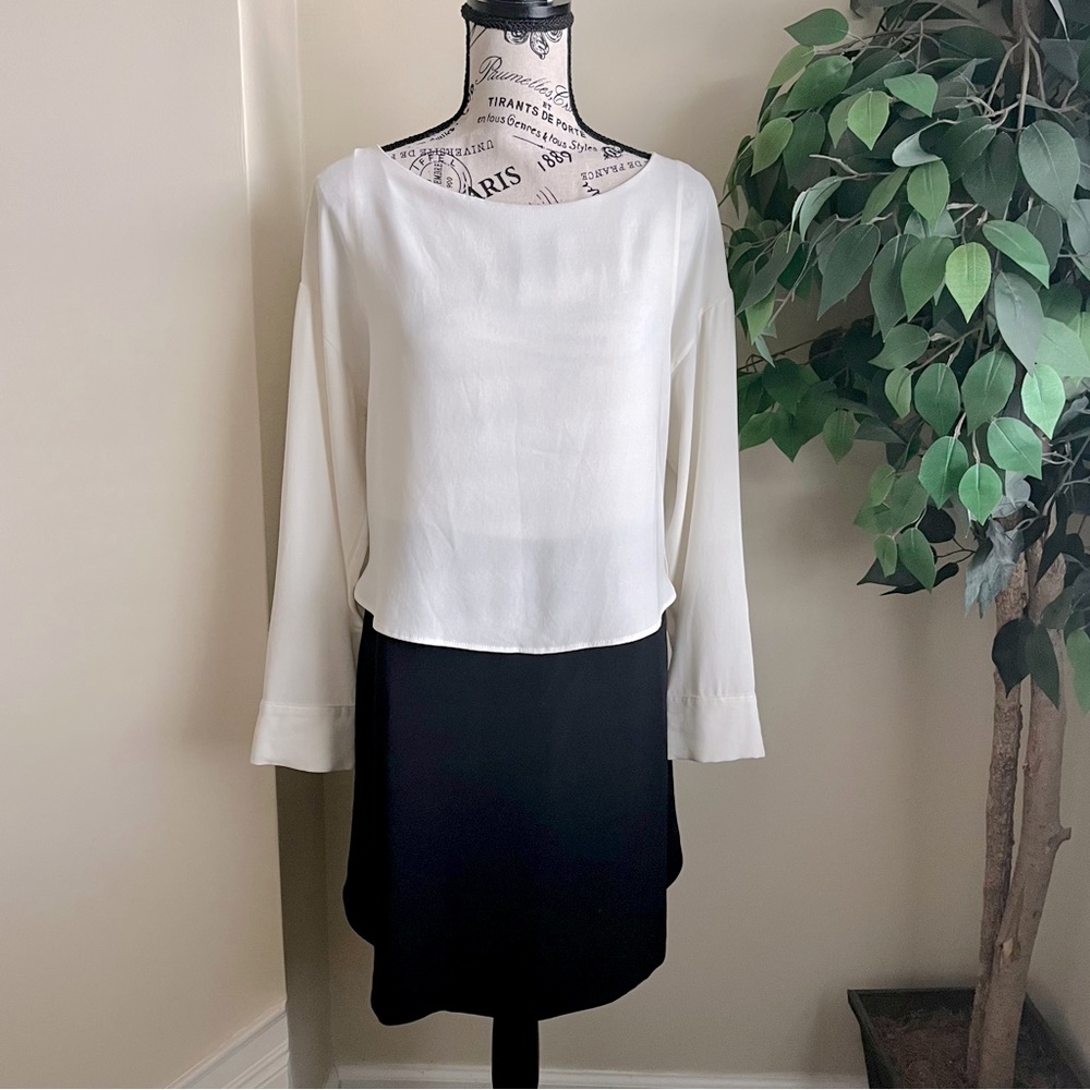 Tara Jarmon Long Sleeve Sheath Dress Attached Blouse Black & White Sz 12